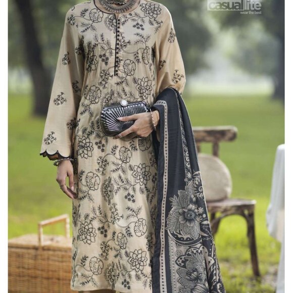 Pakistani Casualite Khamoshi Embroidered Linen Beige Black 3pc suit - Picture 1 of 9